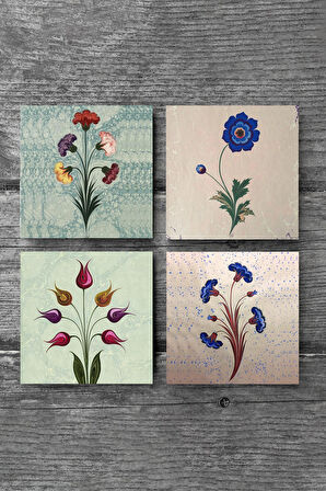 Ebru Sanatı, Lale Taş Bardak Altlığı Masaüstü Koruyucu Altlık 4 Parça Set 10x10cm Stone Coasters