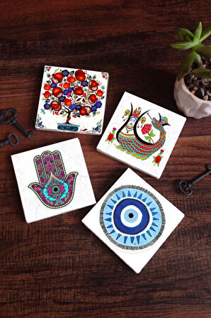 Nazar, Fatma Ana Eli (Hamsa), Şahmeran, Nar Ağacı Taş Bardak Altlığı Masaüstü Koruyucu Altlık 4 Parça Set 10x10cm Stone Coasters