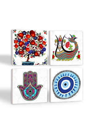 Nazar, Fatma Ana Eli (Hamsa), Şahmeran, Nar Ağacı Taş Bardak Altlığı Masaüstü Koruyucu Altlık 4 Parça Set 10x10cm Stone Coasters