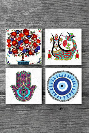 Nazar, Fatma Ana Eli (Hamsa), Şahmeran, Nar Ağacı Taş Bardak Altlığı Masaüstü Koruyucu Altlık 4 Parça Set 10x10cm Stone Coasters