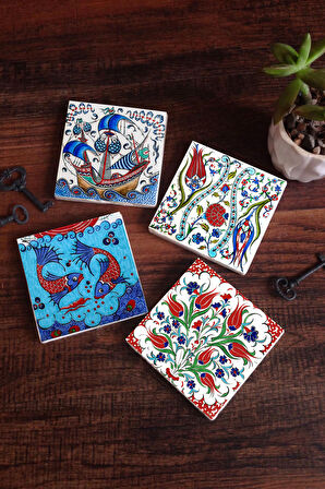 Çini Sanatı Lale, Balık, Yelkenli Gemi Taş Bardak Altlığı Masaüstü Koruyucu Altlık 4 Parça Set 10x10cm Stone Coasters
