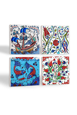 Çini Sanatı Lale, Balık, Yelkenli Gemi Taş Bardak Altlığı Masaüstü Koruyucu Altlık 4 Parça Set 10x10cm Stone Coasters