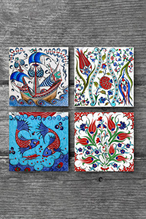 Çini Sanatı Lale, Balık, Yelkenli Gemi Taş Bardak Altlığı Masaüstü Koruyucu Altlık 4 Parça Set 10x10cm Stone Coasters