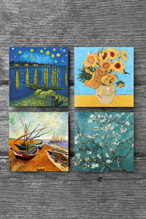 Van Gogh Ren Nehri, Balıkçı Tekneleri, On İki Ayçiçekli Vazo, Badem Ağacı Taş Bardak Altlığı Masaüstü Koruyucu Altlık 4 Parça Set 10x10cm Stone Coasters