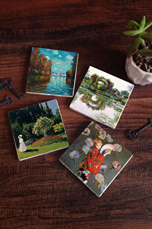 Claude Monet Sonbahar, Japon Kostümü, Gül Çiçekli Kemer, Bahçedeki Kadın Taş Bardak Altlığı Masaüstü Koruyucu Altlık 4 Parça Set 10x10cm Stone Coasters