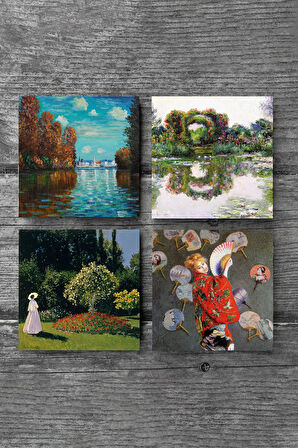 Claude Monet Sonbahar, Japon Kostümü, Gül Çiçekli Kemer, Bahçedeki Kadın Taş Bardak Altlığı Masaüstü Koruyucu Altlık 4 Parça Set 10x10cm Stone Coasters