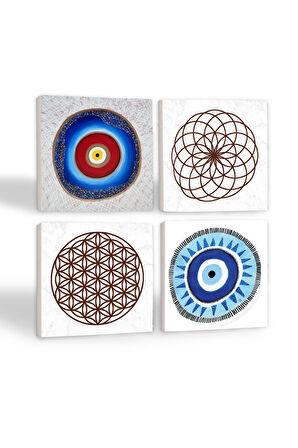 Nazar, Yaşam Çiçeği Taş Bardak Altlığı Masaüstü Koruyucu Altlık 4 Parça Set 10x10cm Stone Coasters