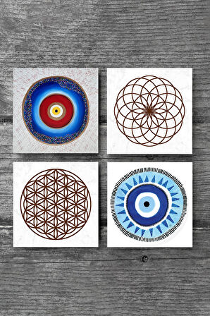 Nazar, Yaşam Çiçeği Taş Bardak Altlığı Masaüstü Koruyucu Altlık 4 Parça Set 10x10cm Stone Coasters