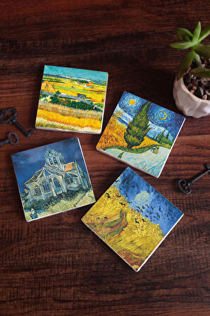 Van Gogh Hasat Manzarası, Yıldızlı Yol, Buğday Tarlası ve Kargalar, Kilise Taş Bardak Altlığı Masaüstü Koruyucu Altlık 4 Parça Set 10x10cm Stone Coasters