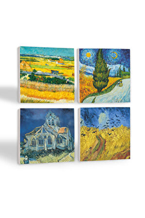 Van Gogh Hasat Manzarası, Yıldızlı Yol, Buğday Tarlası ve Kargalar, Kilise Taş Bardak Altlığı Masaüstü Koruyucu Altlık 4 Parça Set 10x10cm Stone Coasters