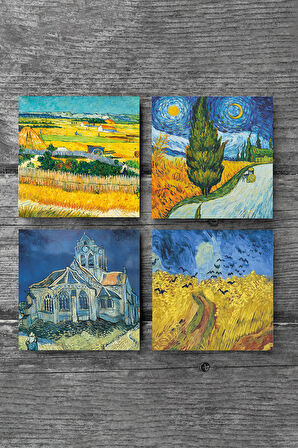 Van Gogh Hasat Manzarası, Yıldızlı Yol, Buğday Tarlası ve Kargalar, Kilise Taş Bardak Altlığı Masaüstü Koruyucu Altlık 4 Parça Set 10x10cm Stone Coasters