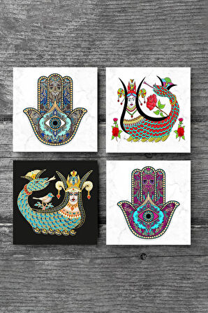 Şahmeran, Fatma Ana Eli (Hamsa) Taş Bardak Altlığı Masaüstü Koruyucu Altlık 4 Parça Set 10x10cm Stone Coasters