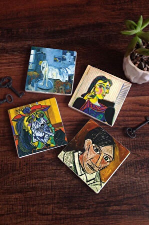 Picasso Ağlayan Kadın, Dora Maar’ın Portresi, Otoportre, Mavi Oda Taş Bardak Altlığı Masaüstü Koruyucu Altlık 4 Parça Set 10x10cm Stone Coasters