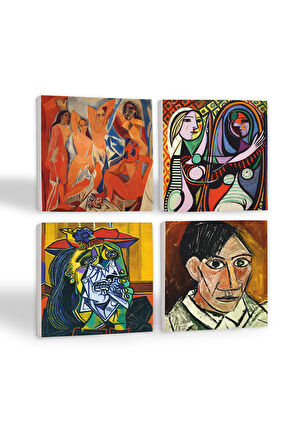Picasso Ağlayan Kadın, Avignonlu Kızlar, Ayna Karşısındaki Kız, Otoportre Taş Bardak Altlığı Masaüstü Koruyucu Altlık 4 Parça Set 10x10cm Stone Coasters