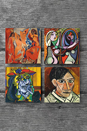 Picasso Ağlayan Kadın, Avignonlu Kızlar, Ayna Karşısındaki Kız, Otoportre Taş Bardak Altlığı Masaüstü Koruyucu Altlık 4 Parça Set 10x10cm Stone Coasters