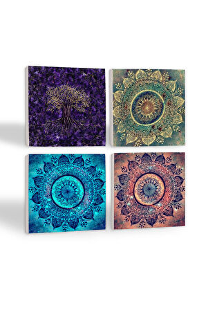 Mandala, Hayat Ağacı Taş Bardak Altlığı Masaüstü Koruyucu Altlık 4 Parça Set 10x10cm Stone Coasters