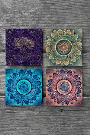 Mandala, Hayat Ağacı Taş Bardak Altlığı Masaüstü Koruyucu Altlık 4 Parça Set 10x10cm Stone Coasters