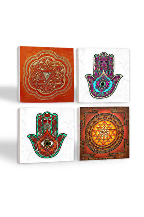 Sri Yantra, Fatma Ana Eli (Hamsa) Taş Bardak Altlığı Masaüstü Koruyucu Altlık 4 Parça Set 10x10cm Stone Coasters