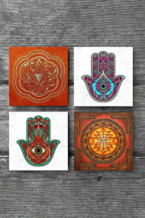 Sri Yantra, Fatma Ana Eli (Hamsa) Taş Bardak Altlığı Masaüstü Koruyucu Altlık 4 Parça Set 10x10cm Stone Coasters