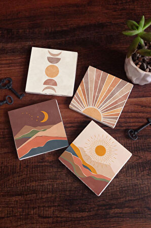 Bohem, Minimalist Soyut Taş Bardak Altlığı Masaüstü Koruyucu Altlık 4 Parça Set 10x10cm Stone Coasters