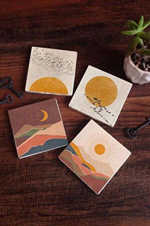 Minimalist, Bohem Taş Bardak Altlığı Masaüstü Koruyucu Altlık 4 Parça Set 10x10cm Stone Coasters