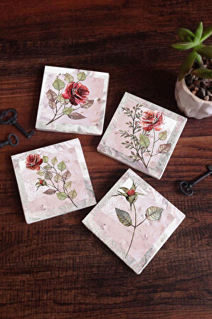 Gül Çiçek Taş Bardak Altlığı Masaüstü Koruyucu Altlık 4 Parça Set 10x10cm Stone Coasters