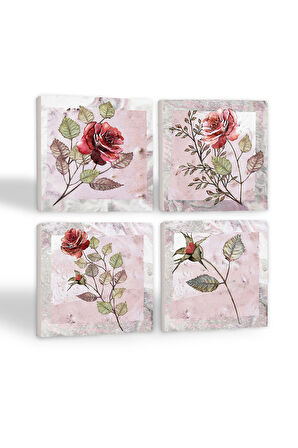 Gül Çiçek Taş Bardak Altlığı Masaüstü Koruyucu Altlık 4 Parça Set 10x10cm Stone Coasters