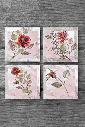 Gül Çiçek Taş Bardak Altlığı Masaüstü Koruyucu Altlık 4 Parça Set 10x10cm Stone Coasters