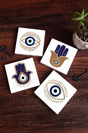 Fatma Ana Eli (Hamsa), Nazar Taş Bardak Altlığı Masaüstü Koruyucu Altlık 4 Parça Set 10x10cm Stone Coasters