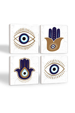 Fatma Ana Eli (Hamsa), Nazar Taş Bardak Altlığı Masaüstü Koruyucu Altlık 4 Parça Set 10x10cm Stone Coasters