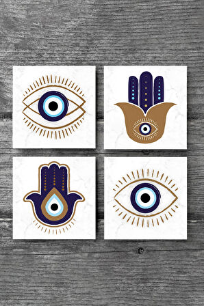 Fatma Ana Eli (Hamsa), Nazar Taş Bardak Altlığı Masaüstü Koruyucu Altlık 4 Parça Set 10x10cm Stone Coasters
