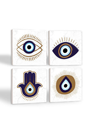 Fatma Ana Eli (Hamsa), Nazar Taş Bardak Altlığı Masaüstü Koruyucu Altlık 4 Parça Set 10x10cm Stone Coasters