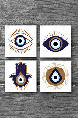 Fatma Ana Eli (Hamsa), Nazar Taş Bardak Altlığı Masaüstü Koruyucu Altlık 4 Parça Set 10x10cm Stone Coasters