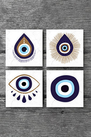 Nazar Taş Bardak Altlığı Masaüstü Koruyucu Altlık 4 Parça Set 10x10cm Stone Coasters