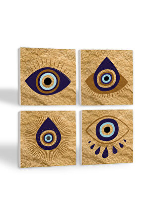 Nazar Taş Bardak Altlığı Masaüstü Koruyucu Altlık 4 Parça Set 10x10cm Stone Coasters