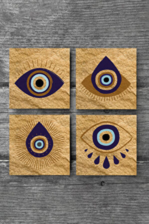 Nazar Taş Bardak Altlığı Masaüstü Koruyucu Altlık 4 Parça Set 10x10cm Stone Coasters