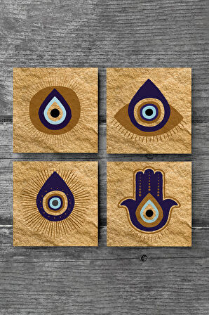 Fatma Ana Eli (Hamsa), Nazar Taş Bardak Altlığı Masaüstü Koruyucu Altlık 4 Parça Set 10x10cm Stone Coasters