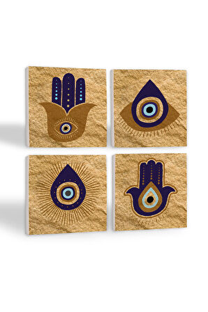 Fatma Ana Eli (Hamsa), Nazar Taş Bardak Altlığı Masaüstü Koruyucu Altlık 4 Parça Set 10x10cm Stone Coasters