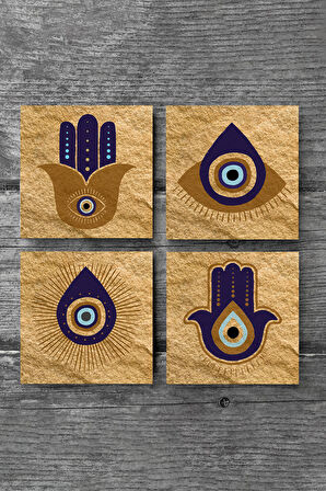Fatma Ana Eli (Hamsa), Nazar Taş Bardak Altlığı Masaüstü Koruyucu Altlık 4 Parça Set 10x10cm Stone Coasters