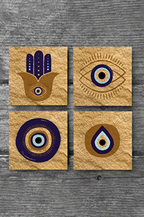 Fatma Ana Eli (Hamsa), Nazar Taş Bardak Altlığı Masaüstü Koruyucu Altlık 4 Parça Set 10x10cm Stone Coasters
