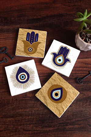 Fatma Ana Eli (Hamsa), Nazar Taş Bardak Altlığı Masaüstü Koruyucu Altlık 4 Parça Set 10x10cm Stone Coasters