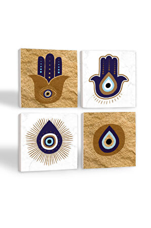Fatma Ana Eli (Hamsa), Nazar Taş Bardak Altlığı Masaüstü Koruyucu Altlık 4 Parça Set 10x10cm Stone Coasters