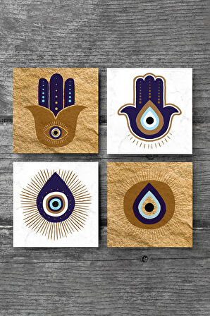 Fatma Ana Eli (Hamsa), Nazar Taş Bardak Altlığı Masaüstü Koruyucu Altlık 4 Parça Set 10x10cm Stone Coasters