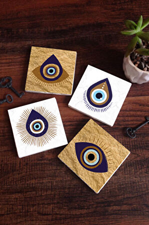 Nazar Taş Bardak Altlığı Masaüstü Koruyucu Altlık 4 Parça Set 10x10cm Stone Coasters