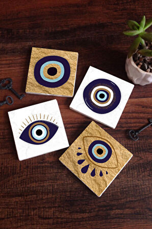 Nazar Taş Bardak Altlığı Masaüstü Koruyucu Altlık 4 Parça Set 10x10cm Stone Coasters