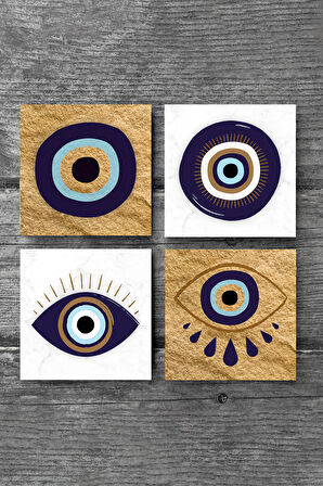 Nazar Taş Bardak Altlığı Masaüstü Koruyucu Altlık 4 Parça Set 10x10cm Stone Coasters