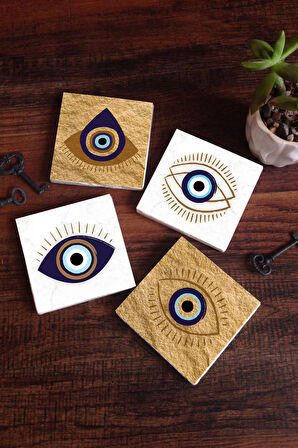 Nazar Taş Bardak Altlığı Masaüstü Koruyucu Altlık 4 Parça Set 10x10cm Stone Coasters