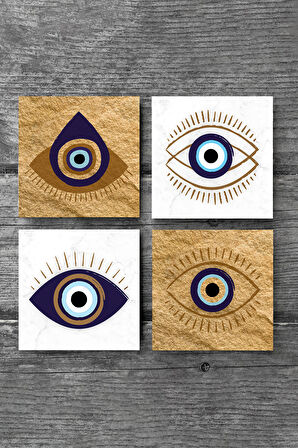 Nazar Taş Bardak Altlığı Masaüstü Koruyucu Altlık 4 Parça Set 10x10cm Stone Coasters
