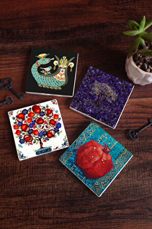 Hayat Ağacı, Şahmeran, Nar Ağacı, Nar Taş Bardak Altlığı Masaüstü Koruyucu Altlık 4 Parça Set 10x10cm Stone Coasters