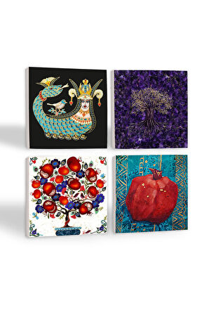 Hayat Ağacı, Şahmeran, Nar Ağacı, Nar Taş Bardak Altlığı Masaüstü Koruyucu Altlık 4 Parça Set 10x10cm Stone Coasters